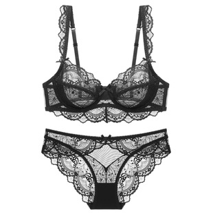 European and American Sexy Intimates for Women, Ultra-Thin Cut Out Sponge-Free Transparent Lace Intimates, Big Breasts, Small Large Size Bra Set