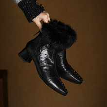 手抓纹羊皮女靴韩版新款毛绒中筒靴冬季毛毛鞋兔毛粗跟加绒短靴