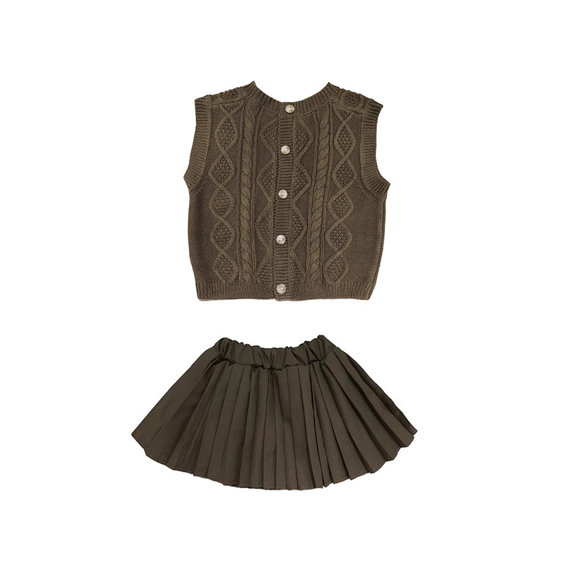 Niñas suéter chaleco 2023 nueva primavera y otoño retro color sólido giro tejido cardigan casual de los niños Falda plisada