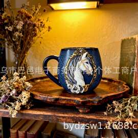 跨境宫廷风镶钻马头浮雕马克杯 轻奢华丽马术主题桌面杯