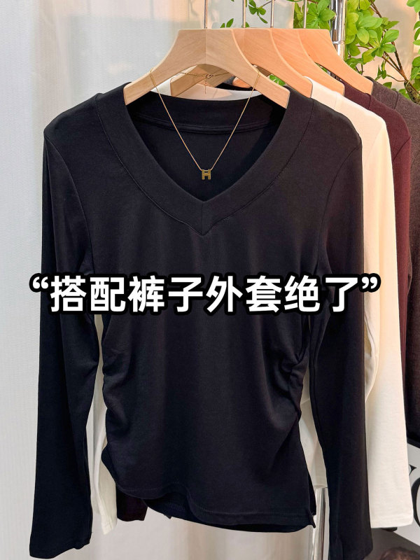 秋季新款V领开叉不规则T恤上衣女设计感小众修身百搭打底衫体恤潮|undefined