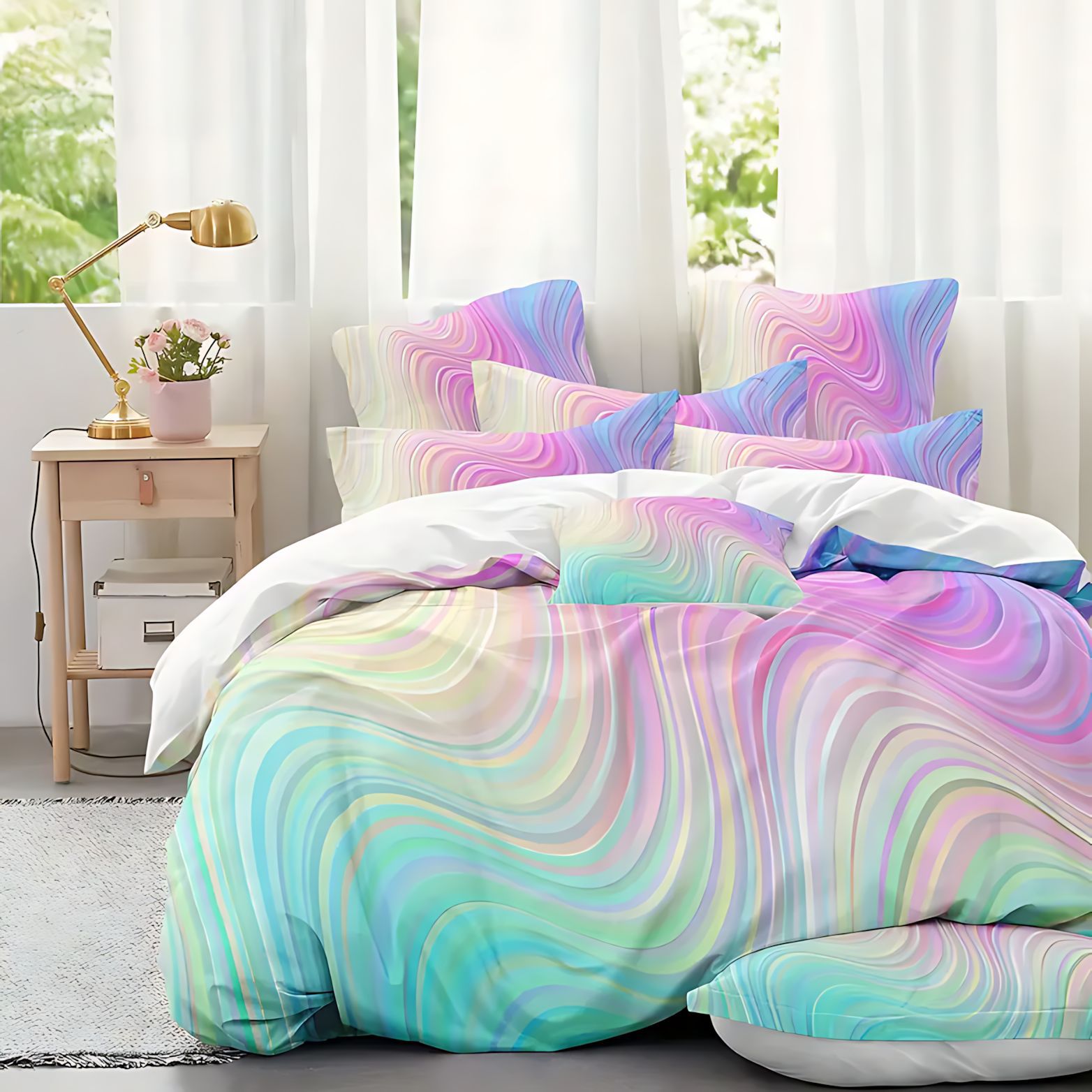 TEMU / JIT transfronterizo multicolor arco iris gradiente impresión digital 3D esponjosa colcha de cama set