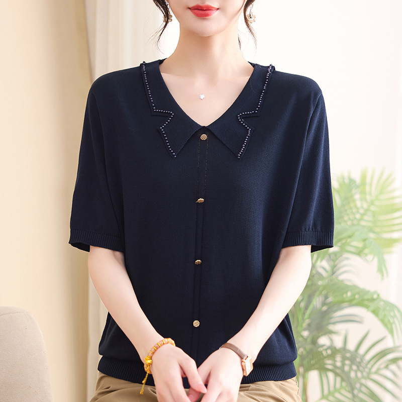 Mother's Day Short-Sleeve Knit Shirt for Women with Lapel and Buttons, Slim-Fit Thin Top, 2026 Summer Ice Silk Lyocell T-Shirt Mother's Day Short-Sleeve Knit Shirt for Women with Lapel and Buttons, Slim-Fit Thin Top, 2026 Summer Ice Silk Lyocell T-Shirt