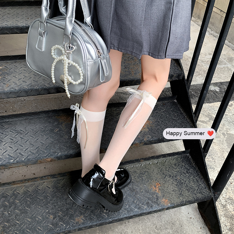 Botas Calcetines de pantorrilla de algodón para mujer Estilo fino de verano Lolita Crema Blanco Bowknot Ballet Estilo Calcetines transparentes ultrafinos hasta la rodilla