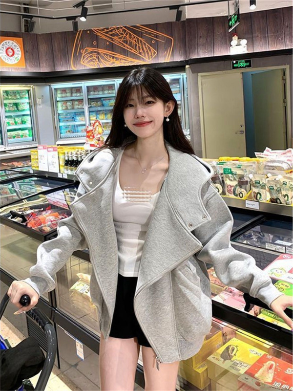 美式高街慵懒双拉链开衫连帽外套秋冬新款气质设计感小众百搭上衣|undefined