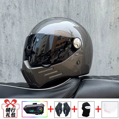 Retro Motorcycle Full-Face Helmet, Suitable: Motosiklet kaskı (dəbilqə) - metal-gray-tea-mirror-transparent-mirror-delivered-y10-soft-wheat-m
