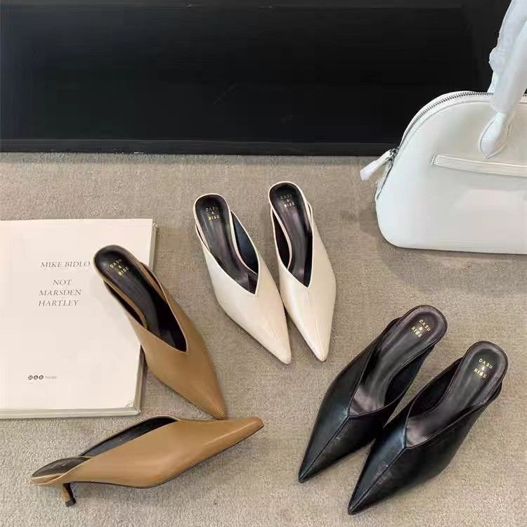 2025 Winter New Pointed Toe Half-Slipper Thin Heel Solid Color French Style Versatile Elegant Slip-On Shoes_vogvips.com