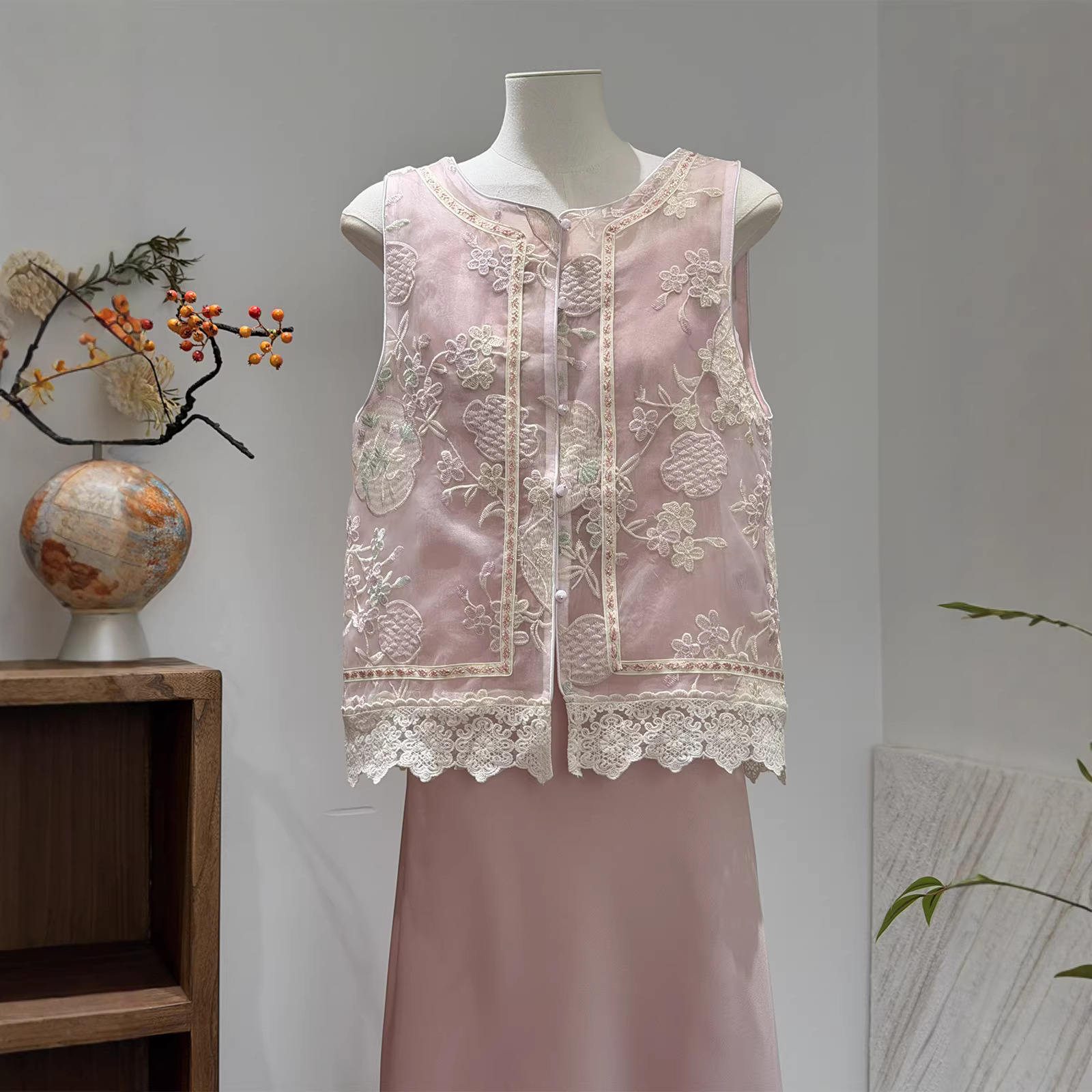 New Chinoiserie Fresh Pink Age-Reducing Lace Embroider Splicing National Style Vest Women's Summer Thin Mesh Vest Top