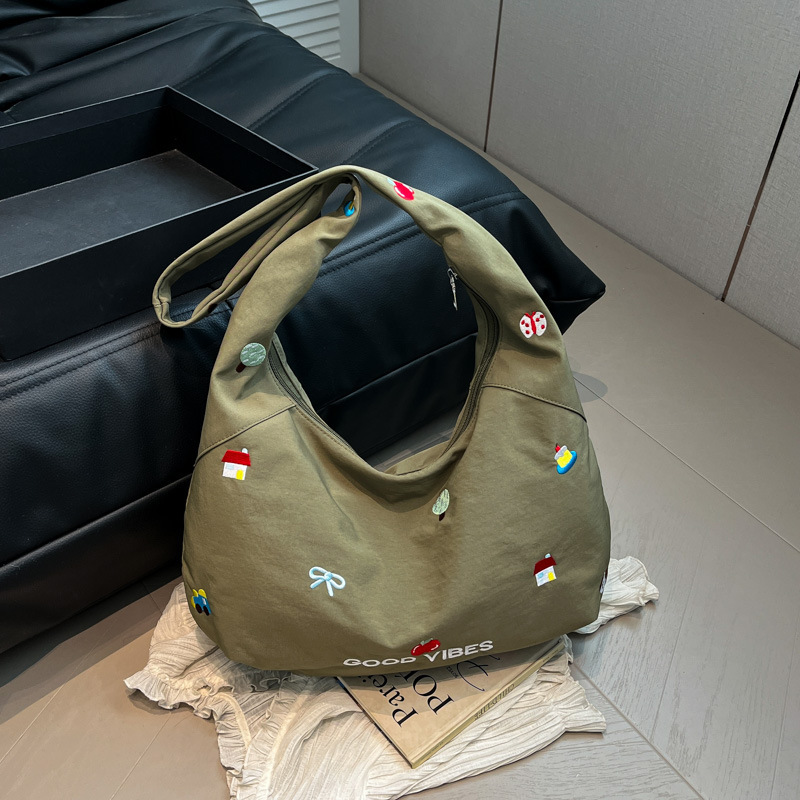 韓国風刺繍ナイロンバッグクロスボディバッグレディース新しいニッチデザイン大容量通勤ショルダーバッグトートバッグ|undefined