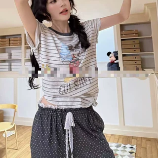 春夏季新款女士卡通宽松版条纹睡衣家居服短袖短裤套装可外穿