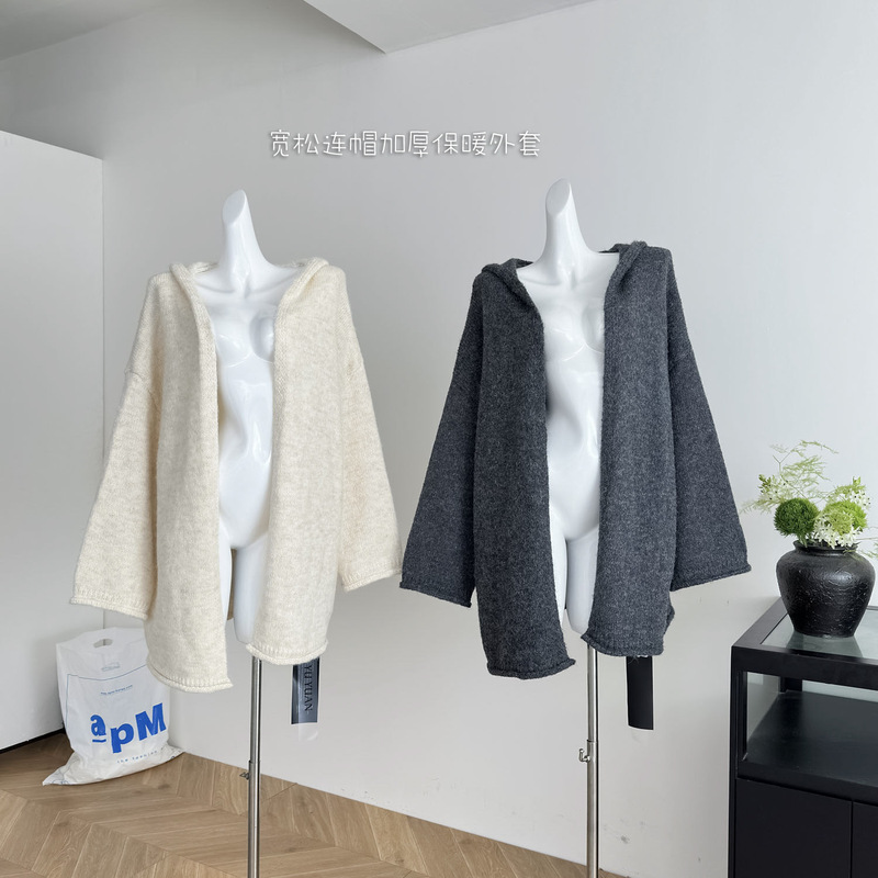 Soft and Cozy Lazy Wool Rolled-Edge Hooded Sweater Cardigan for Women in Autumn