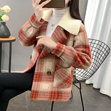 毛呢外套秋冬加厚复古女西装领宽松百搭时尚新款双排扣格子上衣服