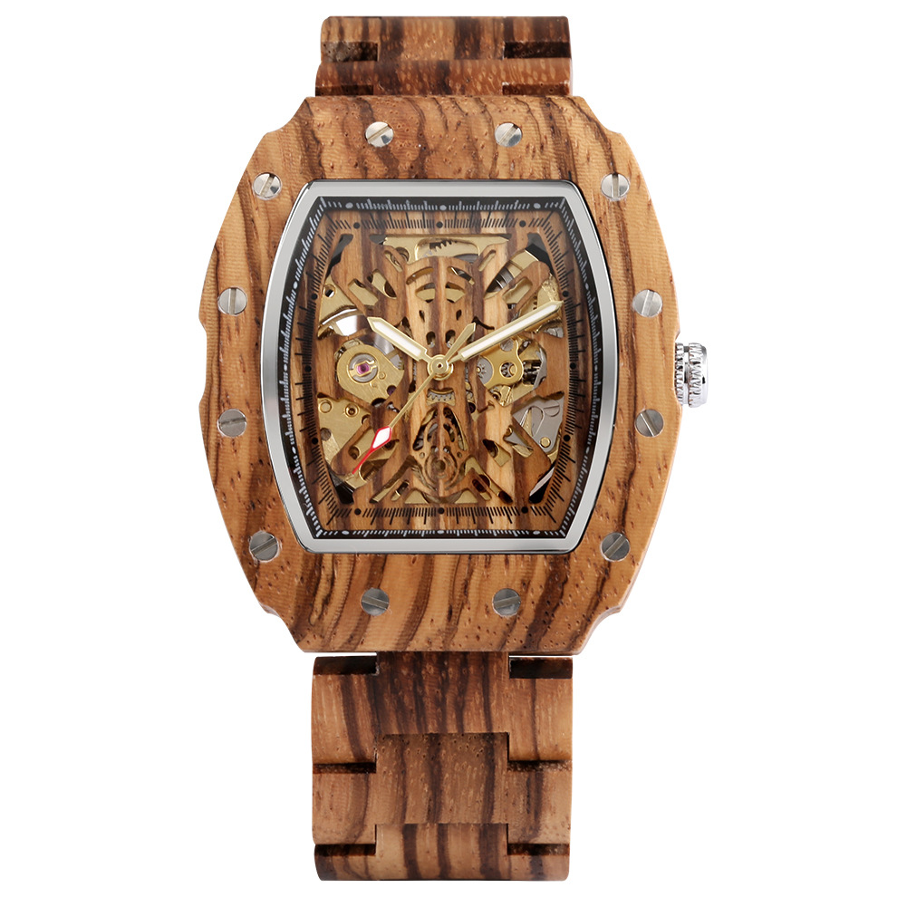 Hot-Selling New Zebra Wood Three-Bead Strap Barrel-Shaped Automatic Mechanical Wooden Watch Casual Men's Watch in Stock for Quick Delivery