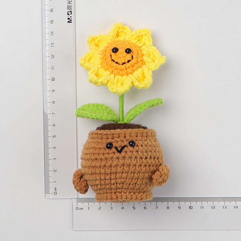 完成品手編みウールひまわり鉢植え編み込み小さな太陽永遠の造花車のデスクトップ装飾ギフト|undefined