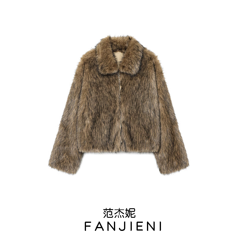 Zr Export Wholesale European and American Style Women's Clothing Stand Collar Long-Sleeved Artificial Fur Effect Plush Jacket Short Jacket