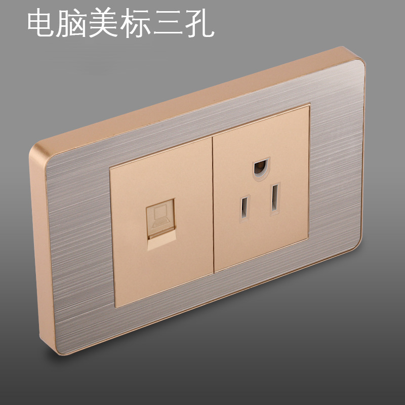 Panel de enchufe de metal estándar estadounidense de acero inoxidable dibujado oro tres agujeros Taiwan conmutador USB suministro directo de fabricantes de enchufes