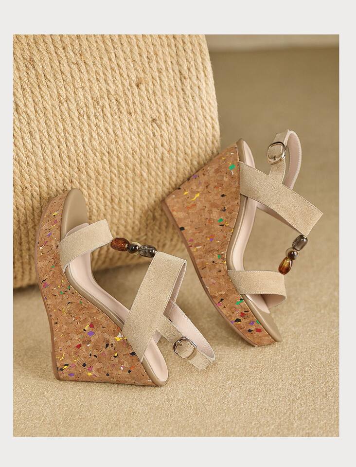 Sandal bohemian đế xuồng cao gót quai ngang hở mũi — màu hồng, màu mơ chi tiết 20