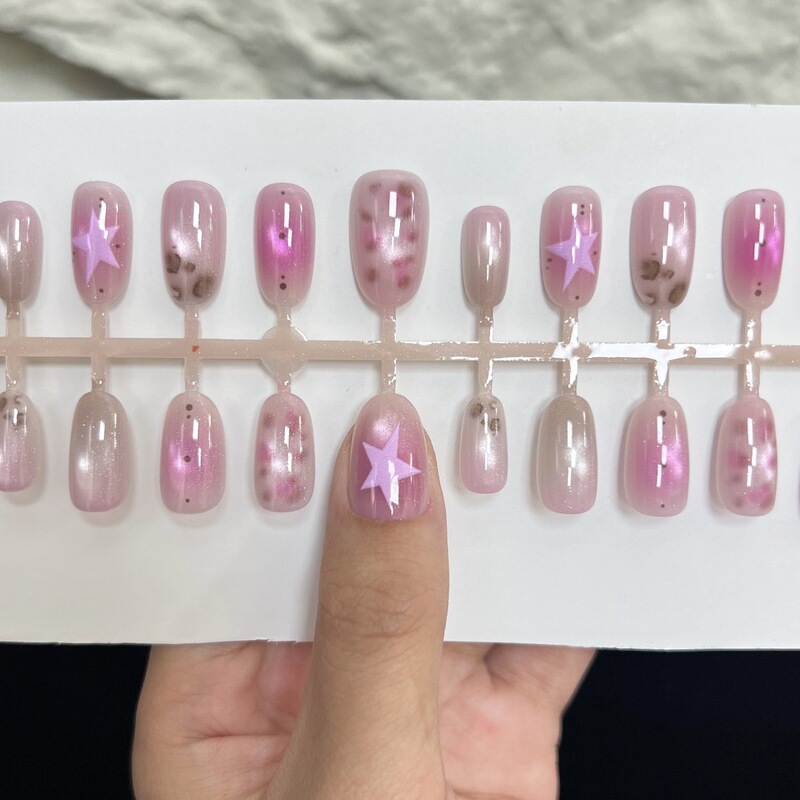 Leopard print pentagram glass bead water-gloss cat-eye pre-made nail tips, amethyst manicure, skin-brightening gradient, wholesale press-on nails Leopard print pentagram glass bead water-gloss cat-eye pre-made nail tips, amethyst manicure, skin-brightening gradient, wholesale press-on nails