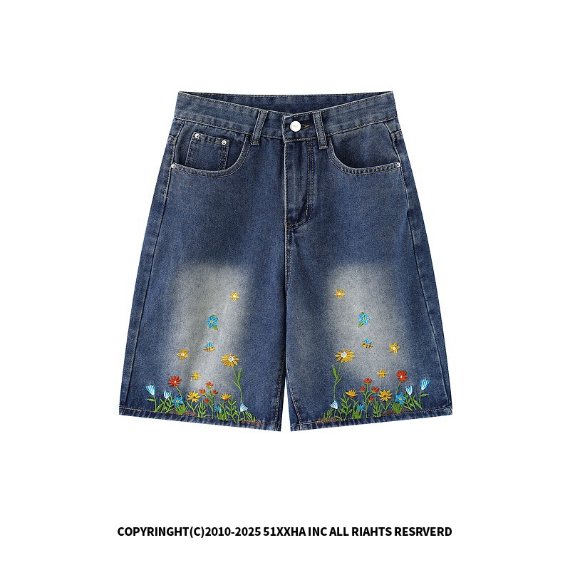 American Retro Floral Embroidered Denim Shorts Unisex Summer Trendy Brand Loose Versatile Casual Shorts Trendy