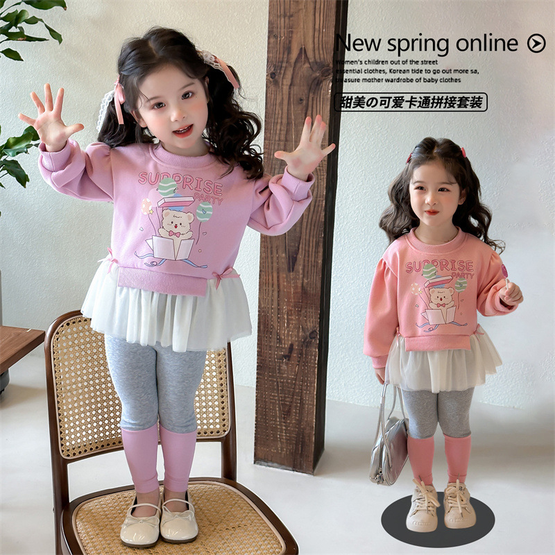 Conjunto de dos piezas para niñas sudadera y leggings falda – estilo casual primavera 2025.
