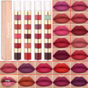 Cross-Border Makeup Cmaadu 5-Color Combination Lip Gloss Matte Matte Lip Glaze One Five-Section Foreign Trade Batch That Is Not Easy to Stick to the Cup