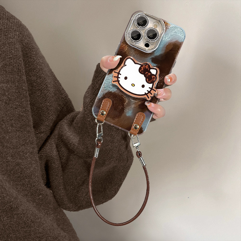 适用苹果16复古手机壳iphone14pro纹kt猫支架挂绳13高级感15max女|undefined