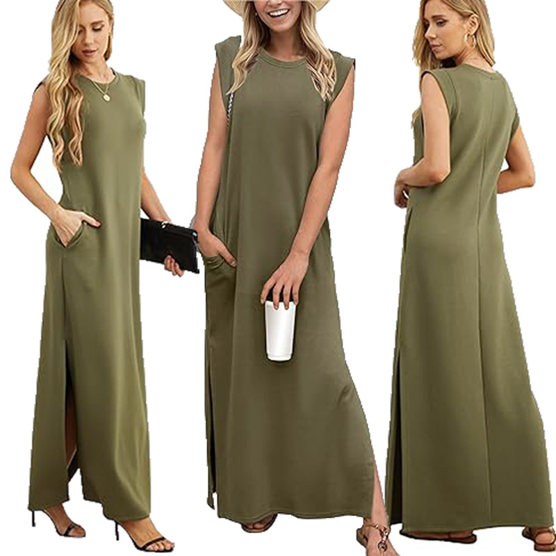 유럽과 미국의 국경 간 아마존 여성 캐주얼 민소매 라운드 넥 느슨한 슬릿 주름없는 긴 해변 포켓 드레스