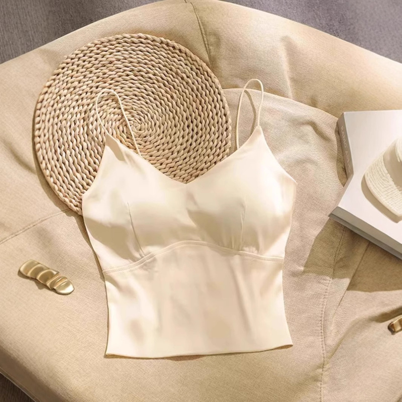 White Silk Camisole Women's Summer Short V-Neck Short Satin Tube Top High-end Suit with Chest Pad White Silk Camisole Women's Summer Short V-Neck Short Satin Tube Top High-end Suit with Chest Pad