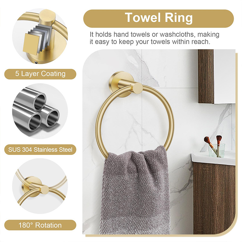 Baño transfronterizo Juego de colgantes de oro cepillado de acero inoxidable Barra de toalla Anillo de toalla Soporte de rollo de papel Gancho para ropa Kit de baño