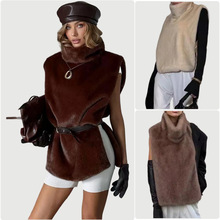 欧美2025秋季外贸棕色高领无袖毛绒马甲优雅时尚女装仿皮草质感