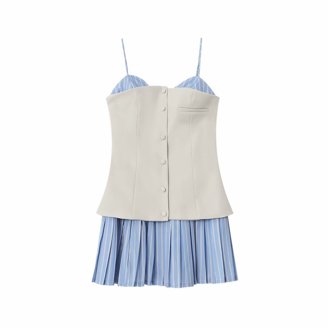 Z外贸2025春夏新款欧美风女装时尚性感府绸拼接吊带连衣裙2304165