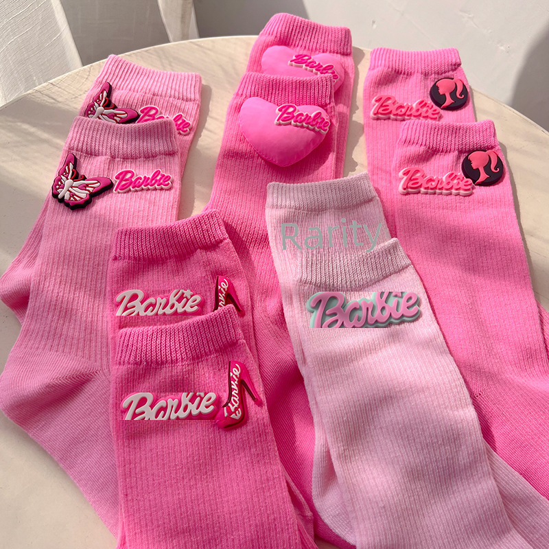 Pink Barbie 3d Plush Heart Knitted Socks Autumn/winter Y Cute Colorful Dopamine Mid-calf Socks