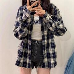 欧美宽松大码格子衬衫女式春秋季韩系慵懒风防晒上衣休闲衬衣外套
