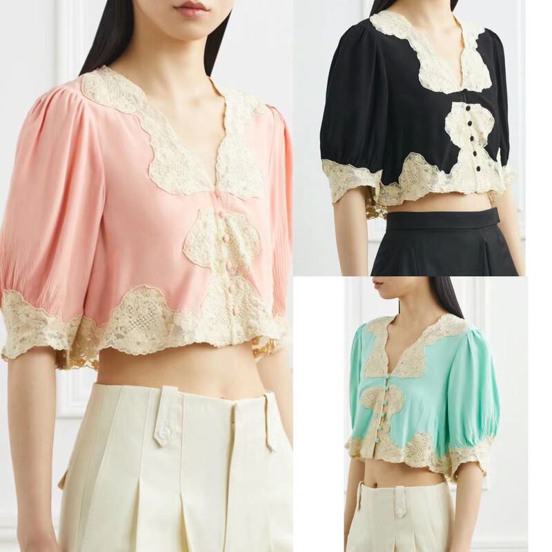 Ethnic Style Tops for Women, High-End Lace Trim, Rayon Satin Fabric, V-Neck Loose Shirt, Slimming Ethnic Style Shirt