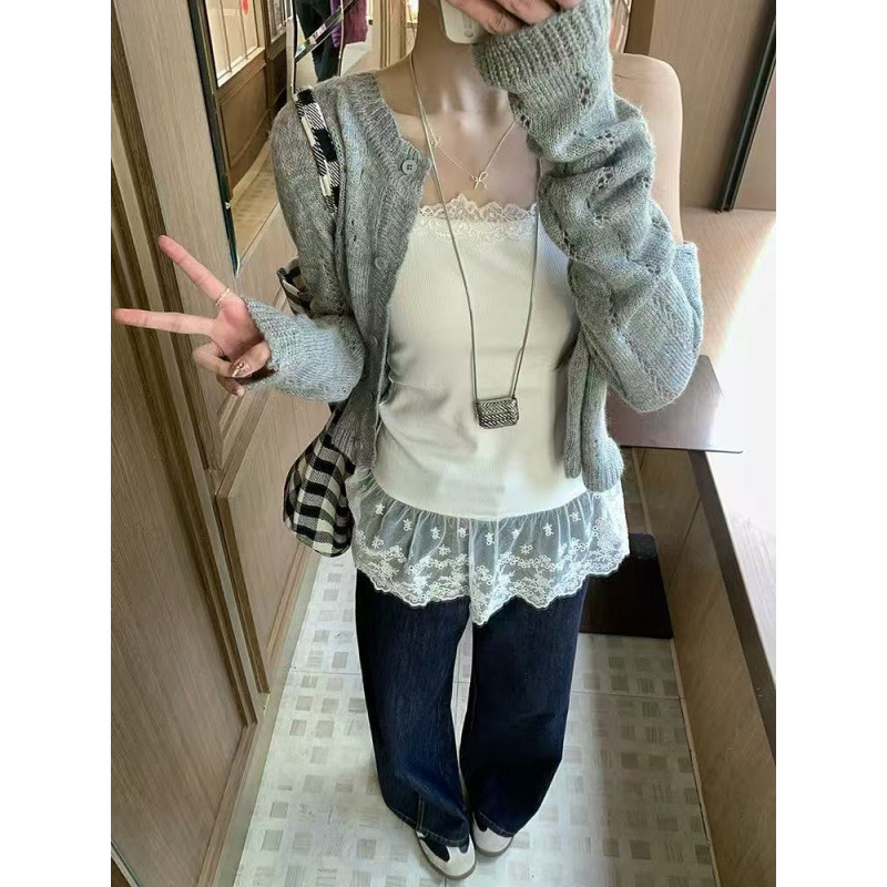 Wu 77 Sweet Stitching Lace Sling Women's Korean-style Slim-fit Slimming Commuter All-match Round Neck Base Top Spring