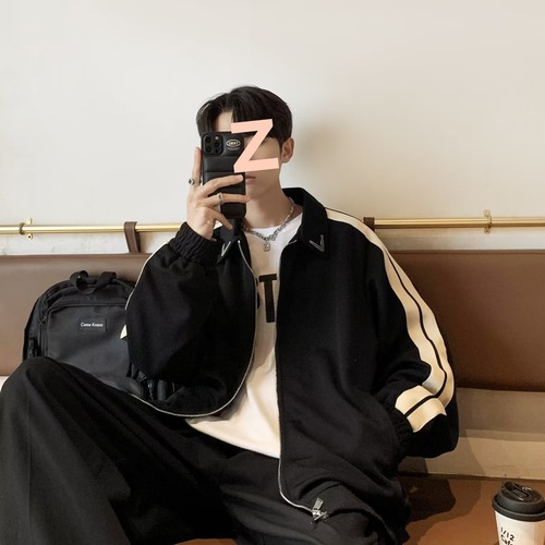 Men's High Street Ins Hong Kong Style Embroidered Belt Collar Student Jacket Spring and Autumn Season National Trend Fashion Loose Casual Top