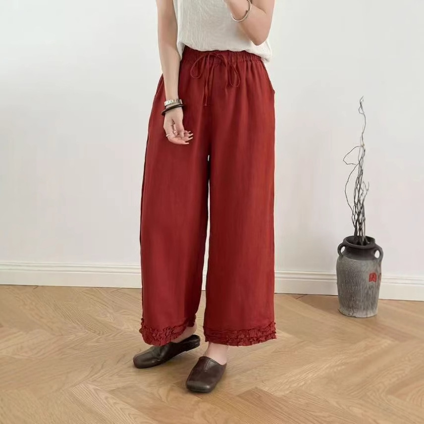 Summer Korean-style Loose Slim Artistic Linen Cuff Solid Color Straight Pants All-match Wide Leg Pants Women's 731
