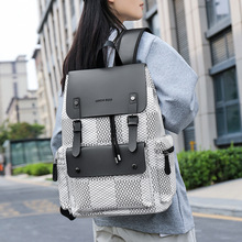 男士大容量背包新款PU休闲商务双肩包韩版时尚抽带高中大学生书包