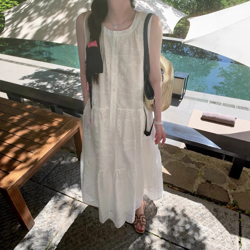Korean Style Summer Long Tencel Embroidered Lace Halterneck Sleeveless Vest Dress New Holiday Style Seaside Skirt