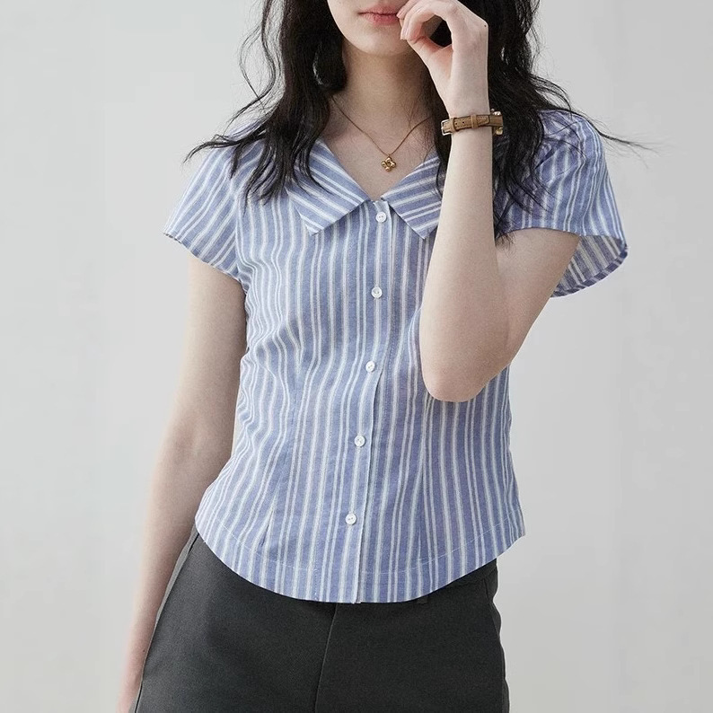 Mustard Pie Vooe French Style Color-Block Striped Waist-Slimming Shirt for Women, New Summer Turn-Down Collar Artistic Top