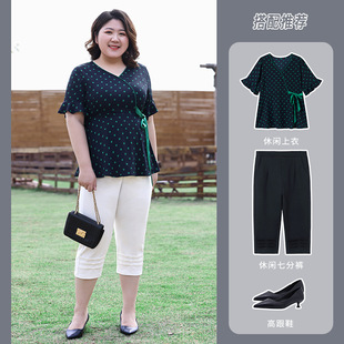 Plus Size Women's Short-Sleeved V Neck Lotus Leaf Sleeve Top 2025 Summer New Fat mm Belly-Covering Lace-Up Polka-Dot Chiffon Shirt