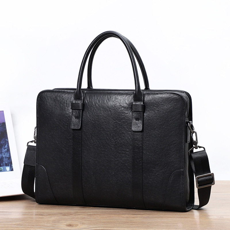 Túi xách tay nam da bò lớp đầu 38×8×28 cm, túi công sở đựng laptop 14 inch, đeo chéo tiện lợi — Màu Đen thuộc da bình thường bên trong màu đen, Màu đen cây cao, Lớp lót nỉ flannel cao cấp cầm tay màu đen