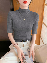 半高领T恤短袖女打底衫正肩2025春秋修身高级感中袖薄款内搭上衣