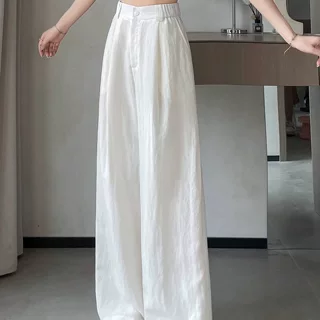 天丝亚麻阔腿裤女夏薄款白色垂感高腰直筒加长冰丝棉麻山本西装裤