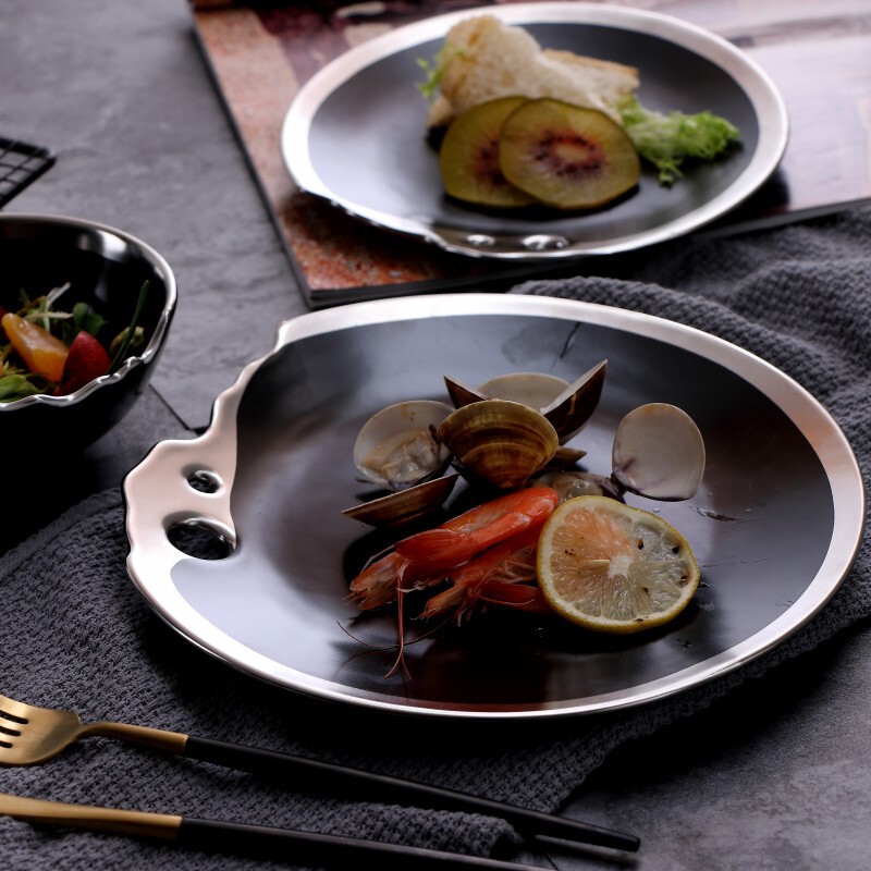 Export European Ceramic Gold-Plated Silver-Edged Western Steak Plate Fruit Flat Plate Salad Bowl Tableware Household Plate Set Export European Ceramic Gold-Plated Silver-Edged Western Steak Plate Fruit Flat Plate Salad Bowl Tableware Household Plate Set