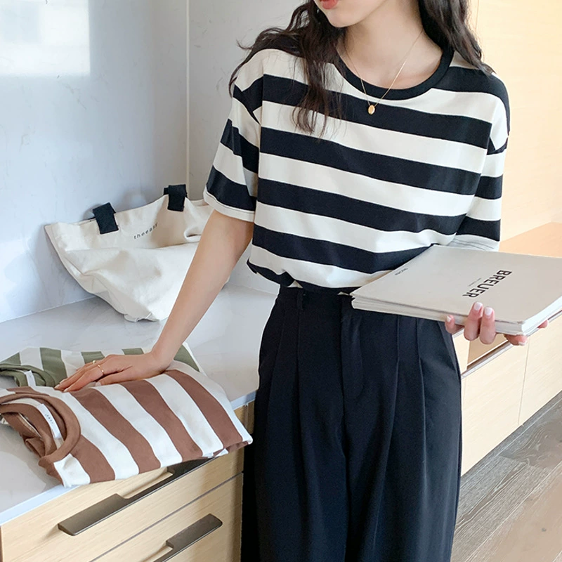 Полосатая футболка женская летняя в корейском стиле, свободная футболка из чистого хлопка с круглым вырезом, тонкая футболка с половиной рукавов, модный топ