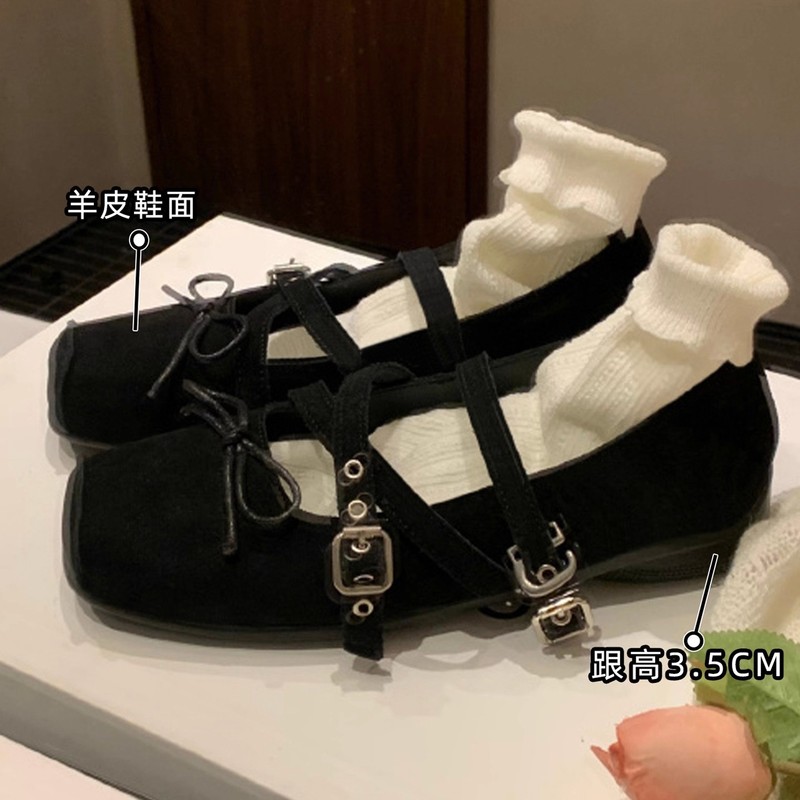 牛皮版~葡萄妈方头芭蕾舞鞋女浅口蝴蝶结复古玛丽珍鞋低跟单鞋|undefined