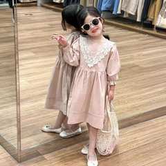 女童連衣裙童裝2024春裝童裙洋氣蕾絲尖領純棉長袖裙子粉色公主裙