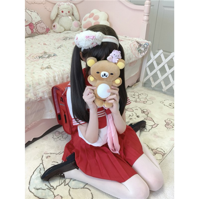 Peruca doble cola de caballo Xiaoluo mujer celebridad en línea diaria Lolita cabello largo recto natural Qi franja cubierta de cabeza jk Xiaoluo