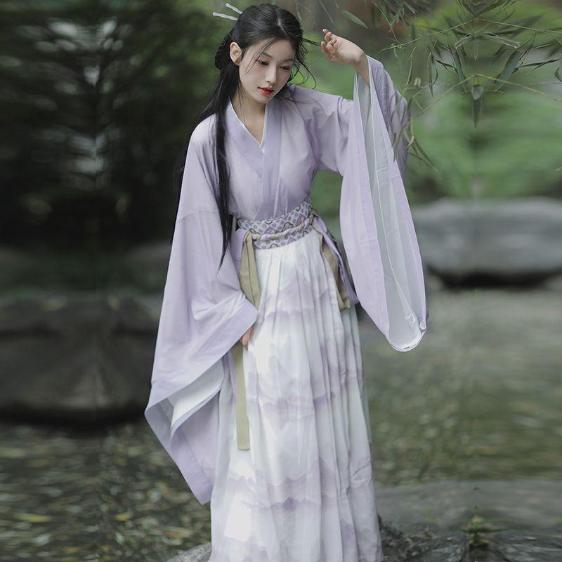 魏晋風漢服女性 2025 新成人春夏オリジナルクロスネックワイドスリーブ腰丈スカート女性の日常|undefined